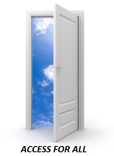 An open door leading to pale blue sky dotted with feathery white clouds