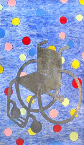 Painting: Silver Wheelchair-acrylic, silver leaf on paper, blue background with multi-color circles and a silver wheelchair