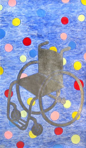 Painting: Silver Wheelchair-acrylic, silver leaf on paper, blue background with multi-color circles and a silver wheelchair Painting: Silver Wheelchair-acrylic, silver leaf on paper, blue background with multi-color circles and a silver wheelchair