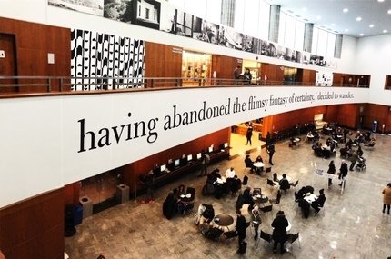 Installation view of Kameelah Janan Rasheed’s Scoring the Stacks, 2019, at the Brooklyn Public Library