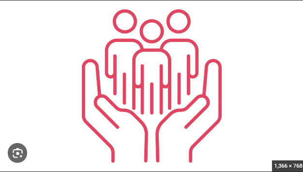 A red outline of a hand holding outlines of three people. 