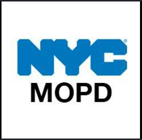 NYC in bold blue letters above MOPD in smaller letters. 