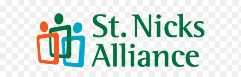 Outline of squares with dots on top in orange, green, and blue to represent people. St. Nick's Alliance is written in green next to it. 