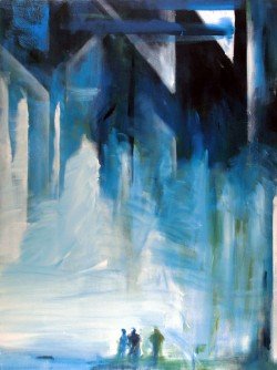 Painting is shades of blue, three figures in foreground under a structure
