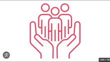 A red outline of a hand holding outlines of three people. 