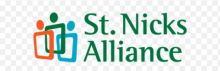 Outline of squares with dots on top in orange, green, and blue to represent people. St. Nick's Alliance is written in green next to it. 