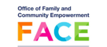 Office of Family and Community Empowerment in navy blue small letters over FACE with each letter in orange, pink, blue, and green. 