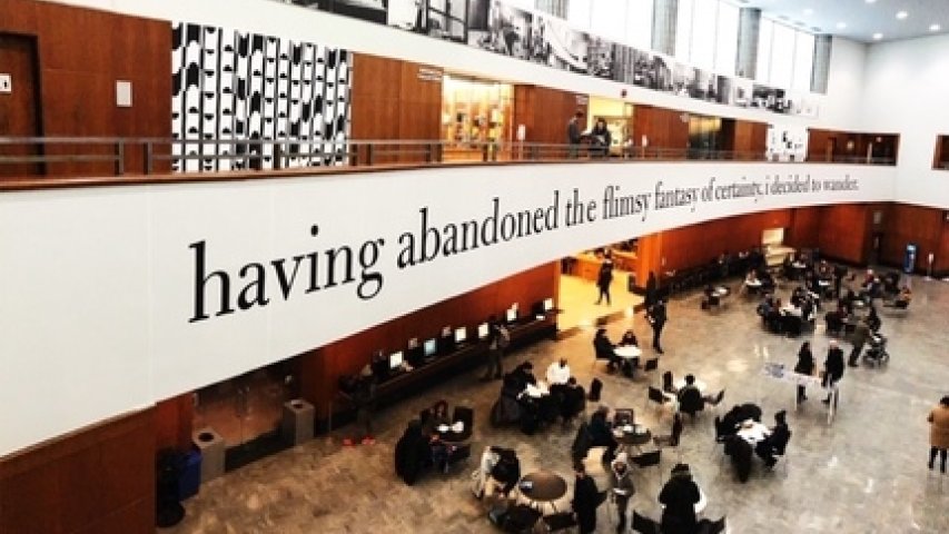 Installation view of Kameelah Janan Rasheed’s Scoring the Stacks, 2019, at the Brooklyn Public Library